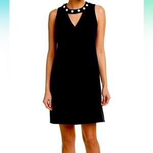 NEW Taylor Dresses Women's Statement Pearl Trim Swing Dress Vcut at Neck-NAVY
